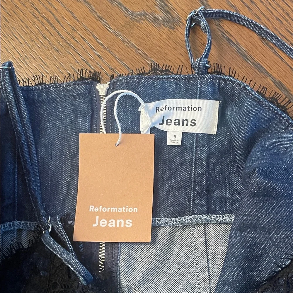 Reformation Denim and Black Lace Slip Dress NEW - Picture 3 of 6